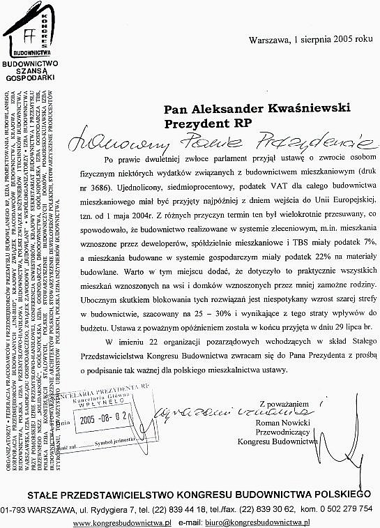 Pismo do Prezydenta Kwaśniewskiego