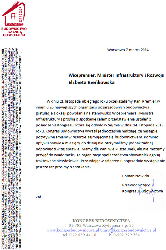 Pismo do Pani Premier z 07.03.2014